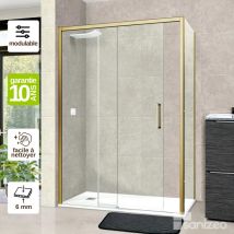 Superban - Pare douche porte coulissante et paroi latérale droite, L.132/136l.80H195 cm, verre 6mm sécurit Easy Clean Or Brossé Vézannes 2PL