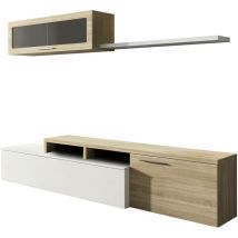 Abitare - Parete attrezzata, Mobile soggiorno porta tv, Composizione salotto reversibile, Set salotto ad angolo, cm 200x41h44, Rovere e Bianco lucido