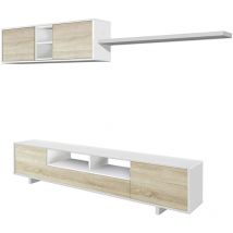 Hogar24 - Parete attrezzata, Mobile da soggiorno porta tv, Composizione set salotto, Set salotto con pensile, cm 260x41h46, Bianco lucido e Rovere