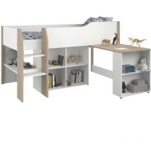 Lit Combiné enfant - Décor blanc et chene jackson - Sommier inclus - 90x200 cm - liam