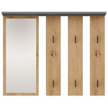 Topeshop - parmi - Patère murale avec miroir - Portemanteau mural - 100x15x81.5 cm - 6 crochets - Meuble entrée - Chêne&Gris