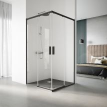 Real Shower - Paroi de douche coulissante en accès d`angle- 119 x 79 cm. Hauteur : 195 cm - Profilé Noir - Verre de sécurité Transparent de 6 mm