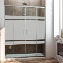 Paroi de douche frontale avec ouverture centrale. 2 panneaux fixes avec 2 portes coulissantes en verre sérigraphie profil chromé 140CM
