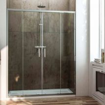 Paroi de douche frontale avec ouverture centrale. 2 panneaux fixes avec 2 portes coulissantes en verre transparent profil chromé 200CM
