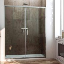 Paroi de douche frontale avec ouverture centrale. 2 panneaux fixes avec 2 portes coulissantes en verre transparent profil chromé 170CM