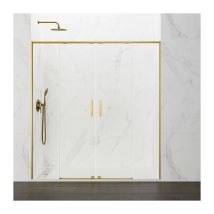 GME - Paroi de douche frontale twenty or avec ouverture centrale, 2 panneaux fixes avec 2 portes coulissantes, profil en or brossé Mesure