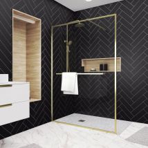 Aurlane - Paroi de Douche Or Doré Brossé 140x200cm - Porte-Serviette et Etagère