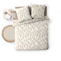 Housse de couette réversible - 240x260 cm + taies - Feuilles blanches et beiges