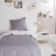 Parure de couette 140 x 200 "Happy Stella" Réversible 100% Coton / 57 Fils/cm² - Gris