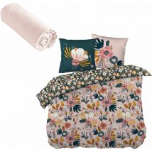 Parure de couette 240x220 champetre et drap housse 180x200 rose