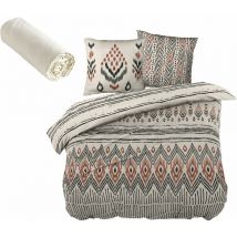 Parure de couette 260x240 ethnic et drap housse 160x200 beige