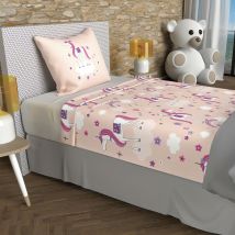 Soleil D Ocre - Parure de draps 180x290 cm licornes rose, 100% coton 57 fils/cm2, par Soleil d'Ocre