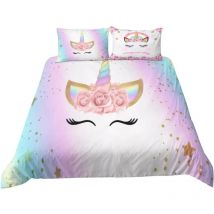 Ideko - Parure de lit 140x200cm pour 1 personne réversible Motif Licorne roses colorées 3 pieces 1 housse de couette avec 2 taie d'oreiller 63x63cm