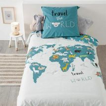 Parure de Lit 2 Pièces Monde 140x200cm Bleu