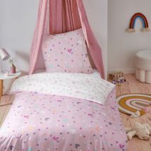 Parure de lit 2 pièces Enfant 1 personne Fille pois et cœurs réversible Set de Housse de couette 140x200cm +1 Taie d'oreiller 63x63 cm avec Fermeture