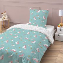 Parure de lit 2 pièces Enfant 1 personne Fille réversible imprimé Licorne Licorne Set de Housse de couette 140x200cm +1 Taie d'oreiller 63x63 cm avec