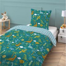 Parure de lit 2 pièces Enfant 1 personne Garçon réversible imprimé Dinosaure Dinosaure Set de Housse de couette 140x200cm +1 Taie d'oreiller 63x63 cm