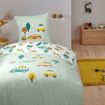 Parure de lit 2 pièces Enfant 1 personne Garçon voiture réversible Set de Housse de couette 140x200cm +1 Taie d'oreiller 63x63 cm avec Fermeture