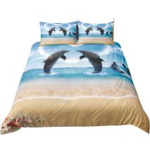 Parure de lit 220x240cm 2 personnes dessin de dauphins 3D effet 3 pieces 1 housse de couette et 2 taies d'oreiller 63x63cm