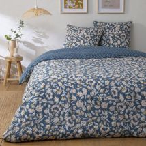 Parure de lit 3 pièces Adulte 2 personnes à rabat en percale 70 fils imprimé bleu Set de Housse de couette 260x240cm +2 Taies d'oreiller 63x63 cm