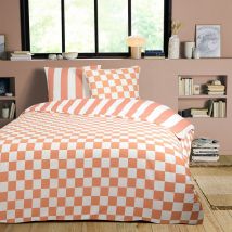 Parure de lit 3 pièces Adulte 2 personnes rayé damier réversible 200x200cm +2 Taies d'oreiller 63x63 cm avec Fermeture Boutons
