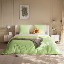 Parure de lit 4 pièces 160x200cm, 1x housse de couette, 1x drap housse, 2x taies d'oreiller, - parure de lit en tissu - Vert + Blanc