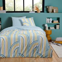 Parure de lit double en microfibre lavée imprimé géométrique 200x200cm +2 Taies d'oreiller 63x63 cm avec Fermeture Boutons