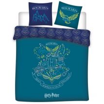 Parure de lit double réversible Harry Potter - Blason -Hogwarts- - Bleue et Vert - 220 cm x 240 cm