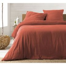Parure de Lit en Gaze de Coton 240 x 220 cm - rouge .