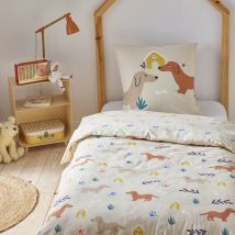 Parure de lit 2 pièces Enfant 1 personne Garçon en coton imprimé Chien chien +1 Taie d'oreiller 63x63 cm avec Fermeture Boutons