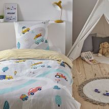 Parure de lit 2 pièces Enfant 1 personne Garçon imprimé Voitures voiture +1 Taie d'oreiller 63x63 cm avec Fermeture Boutons
