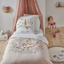 Parure de lit 2 pièces Enfant 1 personne Fille en coton 57 fils imprimé Licorne rose +1 Taie d'oreiller 63x63 cm avec Fermeture Boutons