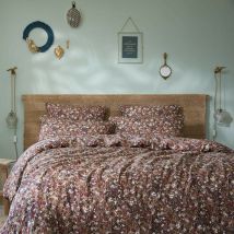 Terre De Nuit - Parure de lit gaze de coton imprimé floral marron camel 240x260