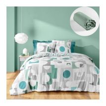 Parure de Lit Geomelo 240 x 220 cm + Drap-Housse 140x190 cm Sauge