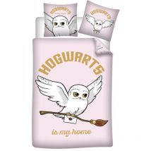 Parure de lit réversible Harry Potter - Hedwige la Chouette - -Hogwarts is my home- - Rose - 140 cm x 200 cm