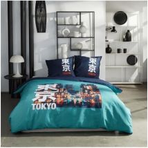 Parure de lit Today java - 2 personnes - 240x220 cm - Coton - Imprimé Tokyo - Turquoise