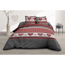 Parure Drap plat + drap-housse 160x200 + 2 T - Pur coton 57 fils - Coeurs rouge
