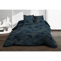 Parure Drap plat + drap-housse 160x200 + 2 t - Pur coton 57 fils - Olinda bleu