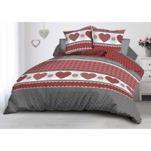 Parure Drap plat + drap-housse 140x190 + 2 Taies - Microfibre - Coeurs rouge
