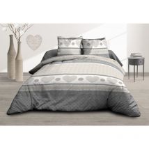 Parure Drap plat + drap-housse 160x200 + 2 t - Pur coton 57 fils - Coeurs gris