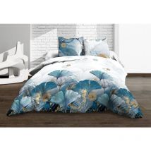 Parure Drap plat + drap-housse 160x200 + 2 t - Pur coton 57 fils - Ginko bleu