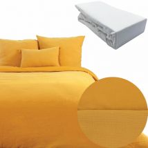 Parure 240x220 gaze de coton or + Drap housse obio blanc 160x200