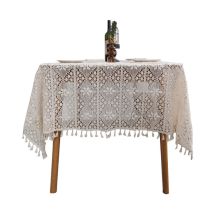 Tonchean - Pastoral style tablecloth in crocheted cotton yarn, hollow pompoms, beige - 100x140cm
