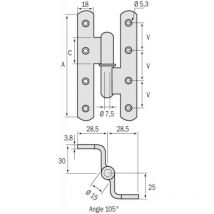 Paumelle gauche menuiserie bois renforcée nœuds ronds contrecoudées à 105° lames à bouts ronds acier 160 x 80 x 100 mm - faure
