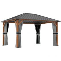 Outsunny - Pavillon de jardin structure alu aspect bois toit rigide métal galvanisé rideaux moustiquaires