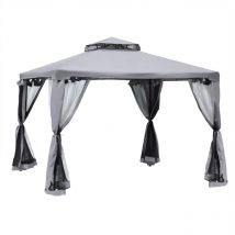 Pavillon de jardin tonnelle barnum style colonial double toit toiles moustiquaires amovibles zippées gris