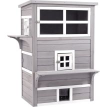 PawHut 3-Tier Wooden Kitten Shelter for Indoor, Outdoor - Grey