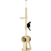 Rbol para gatos de suelo a techo de 225-255 cm torre para gatos con cueva plataformas hamaca postes rascadores rampas y bolas Ø48x225-255 cm - Pawhut