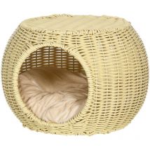 Pawhut Cuccia per Gatti a 2 Livelli in Rattan PE con Cuscino Lavabile Beige