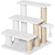 Pawhut - Katzentreppe 3-stufige Haustiertreppe mit Kratzsäulen Ball Hundetreppe Tiertreppe für Katzen bis 5 kg Plüsch Jute Weiß 45 x 40 x 48 cm